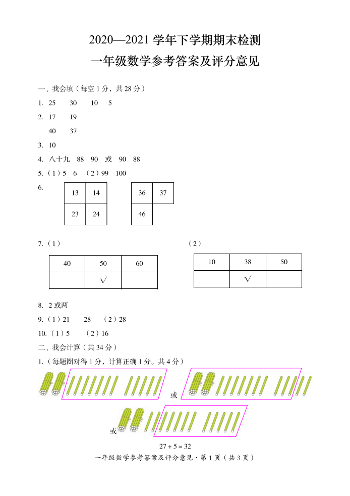 云南省文山州砚山县数学一年级下学期期末试题 2020-2021学年参考答案.pdf 第1页