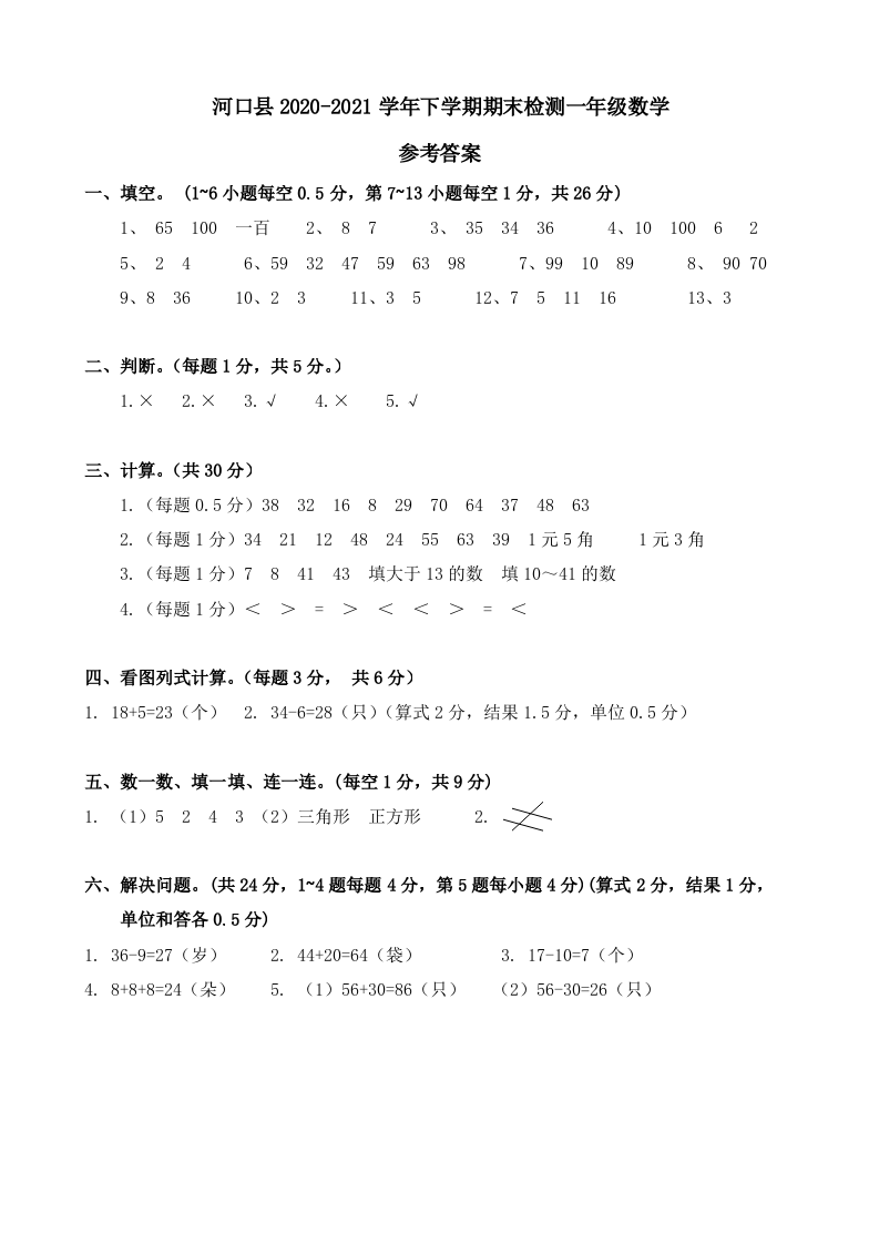云南省红河州河口县数学一年级下学期期末试题 2020-2021学年参考答案.docx 第1页