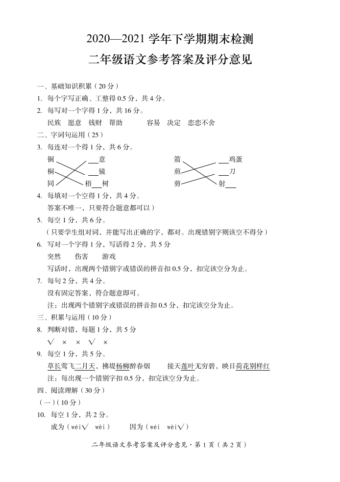 云南省文山州砚山县语文二年级下学期期末试题+2020-2021学年参答.pdf 第1页