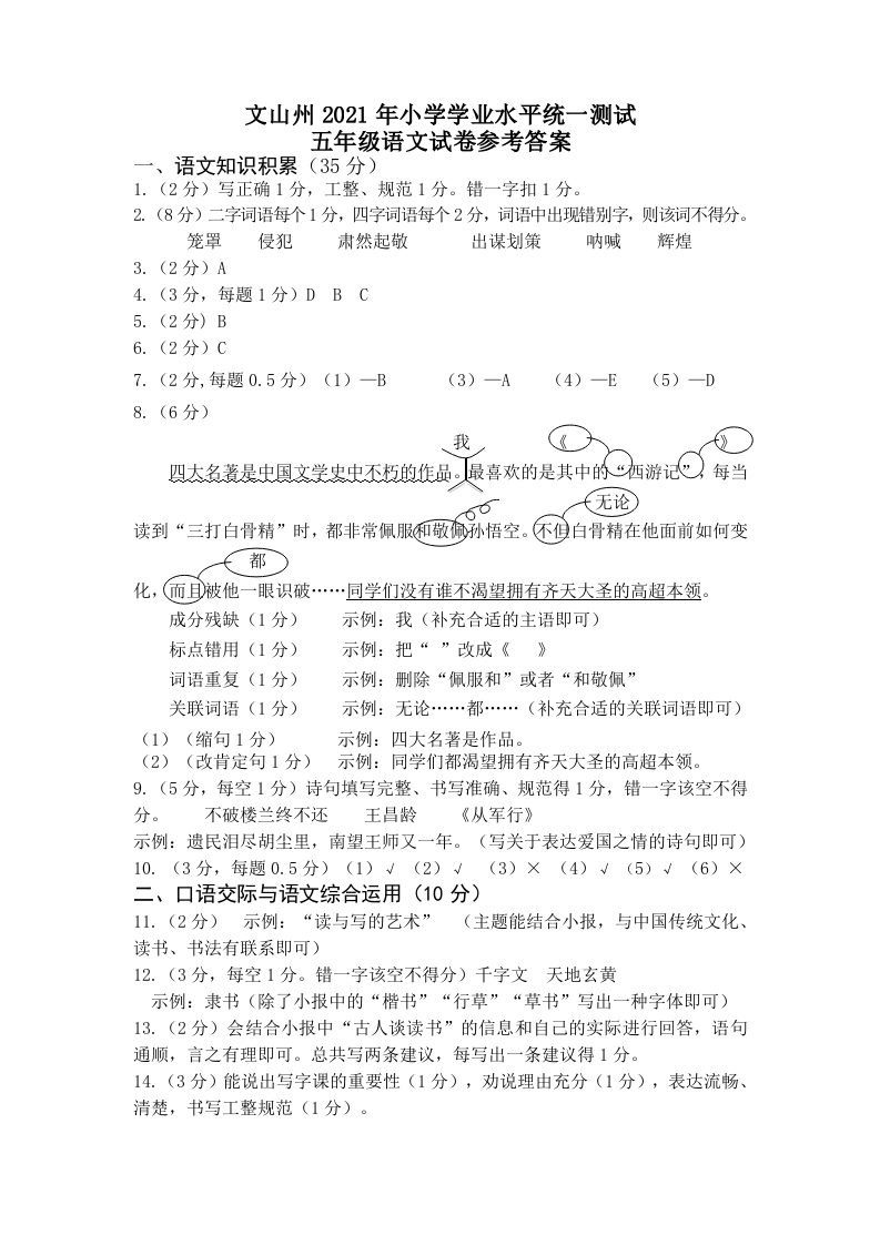 云南省文山州语文五年级下学期期末试题 2020-2021学年答案.doc 第1页