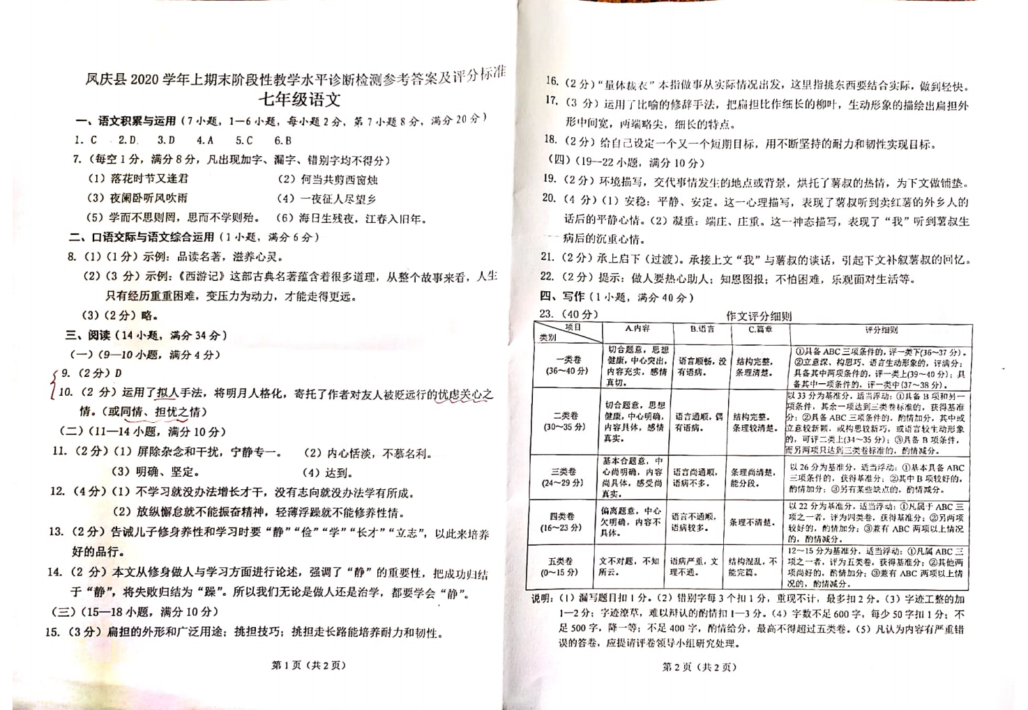 云南省临沧市凤庆县2020学年上期末阶段性教学水平诊断检测七年级语文试卷答案.pdf 第1页
