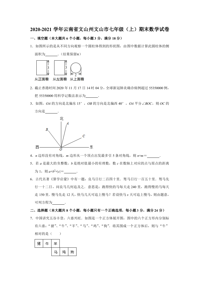 云南省文山州文山市2020-2021学年上学期期末考试七年级+数学试卷++解析版.doc 第1页