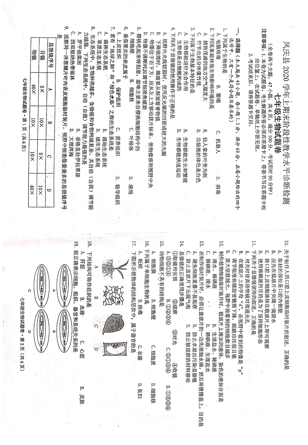 云南省临沧市凤庆县2020-2021学年七年级上学期期末阶段性教学水平诊断性检测生物试卷.pdf 第1页