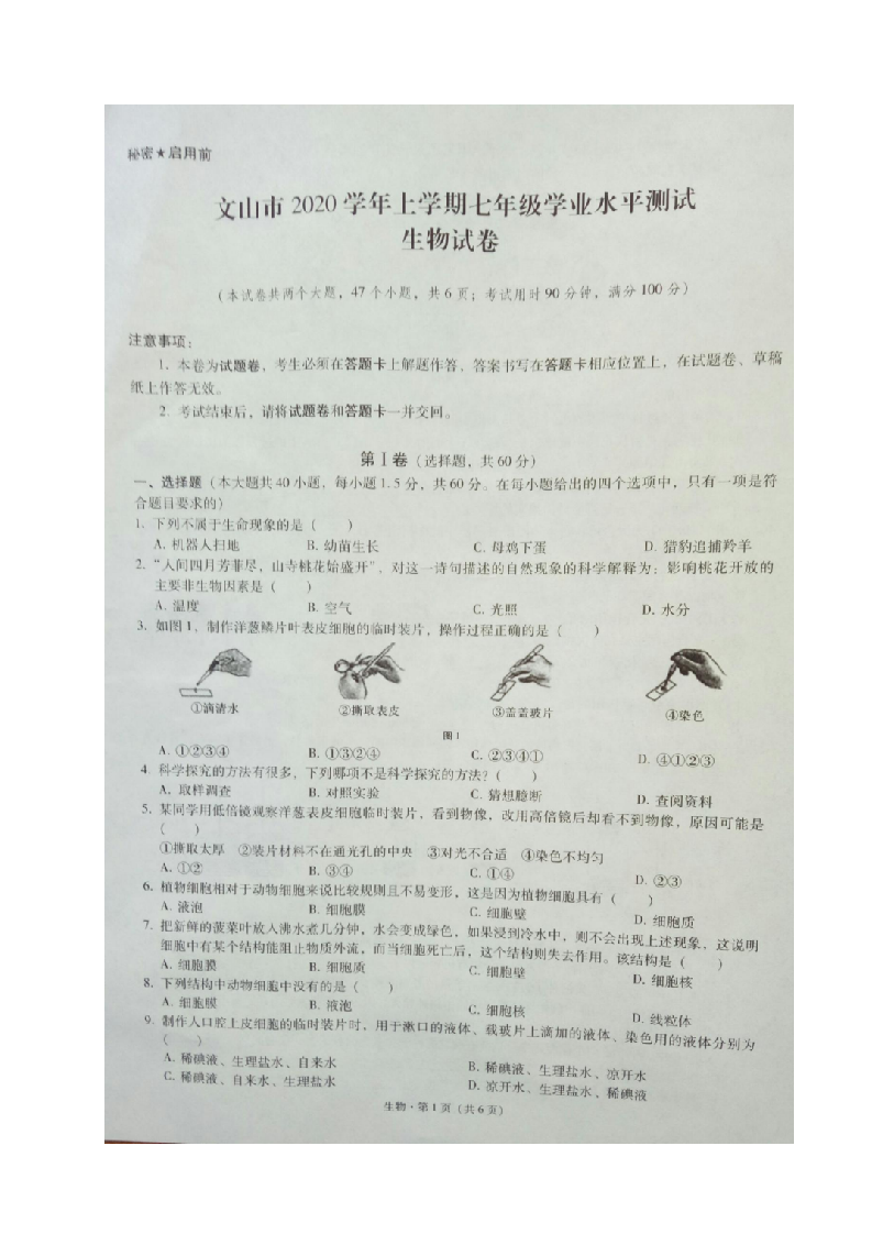 云南省文山市2020-2021学年七年级上学期期末学业水平测试生物试题（图片版）.docx 第1页