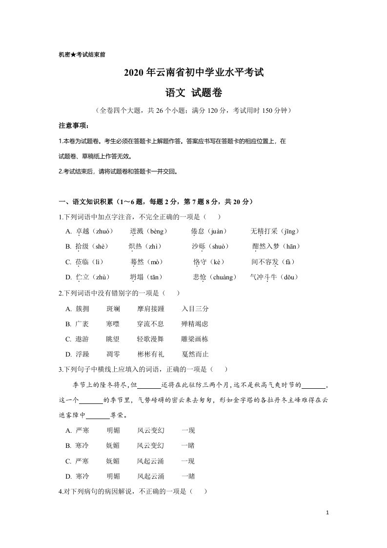 云南省2020年中考语文真题试卷（解析版）.doc 第1页