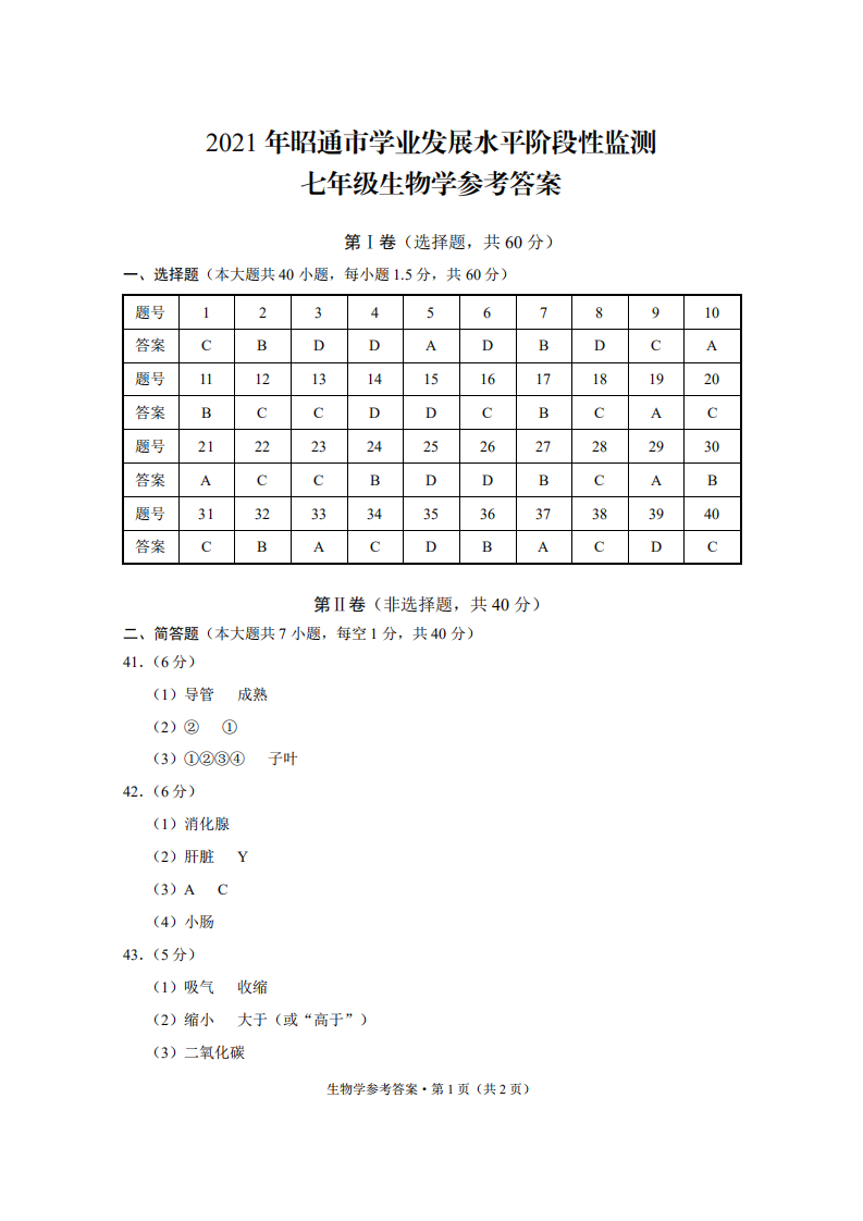 云南省昭通市2020-2021学年七年级下学期期末考试生物试题答案.pdf 第1页