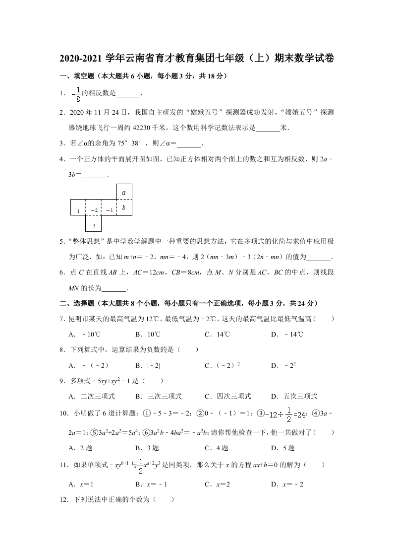 2020-2021学年云南省育才教育集团七年级（上）期末数学试卷++无答案.doc 第1页