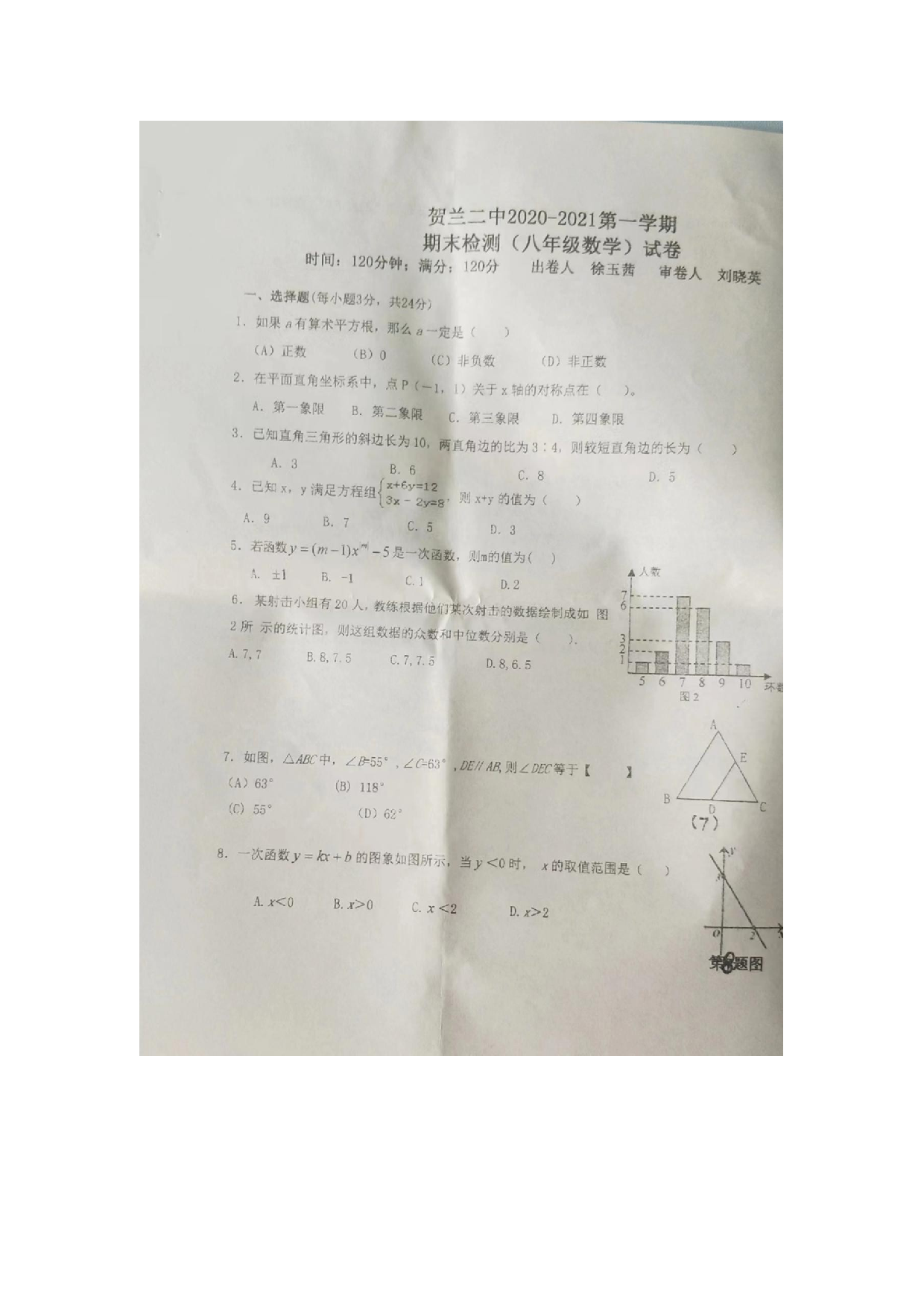 宁夏回族自治区银川市贺兰县第二中学2020-2021学年上学期期末检测（八年级数学）试卷.docx 第1页