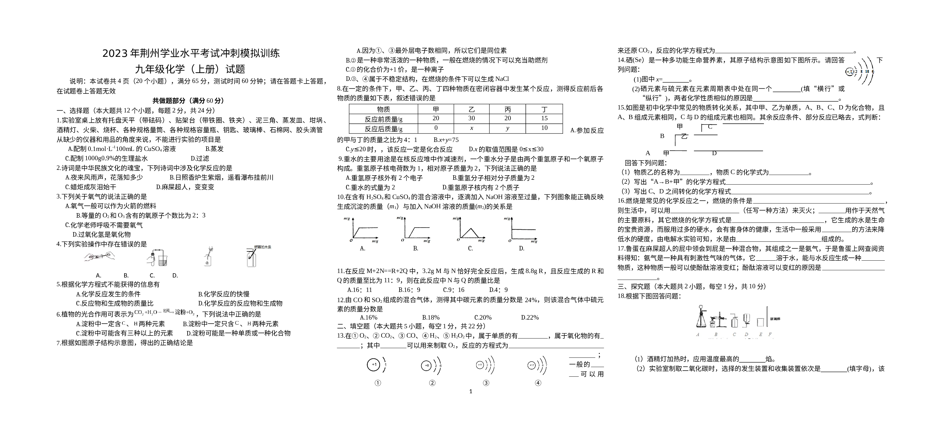 2023年湖北省荆州市中考冲刺模拟训练化学上册试题.docx 第1页