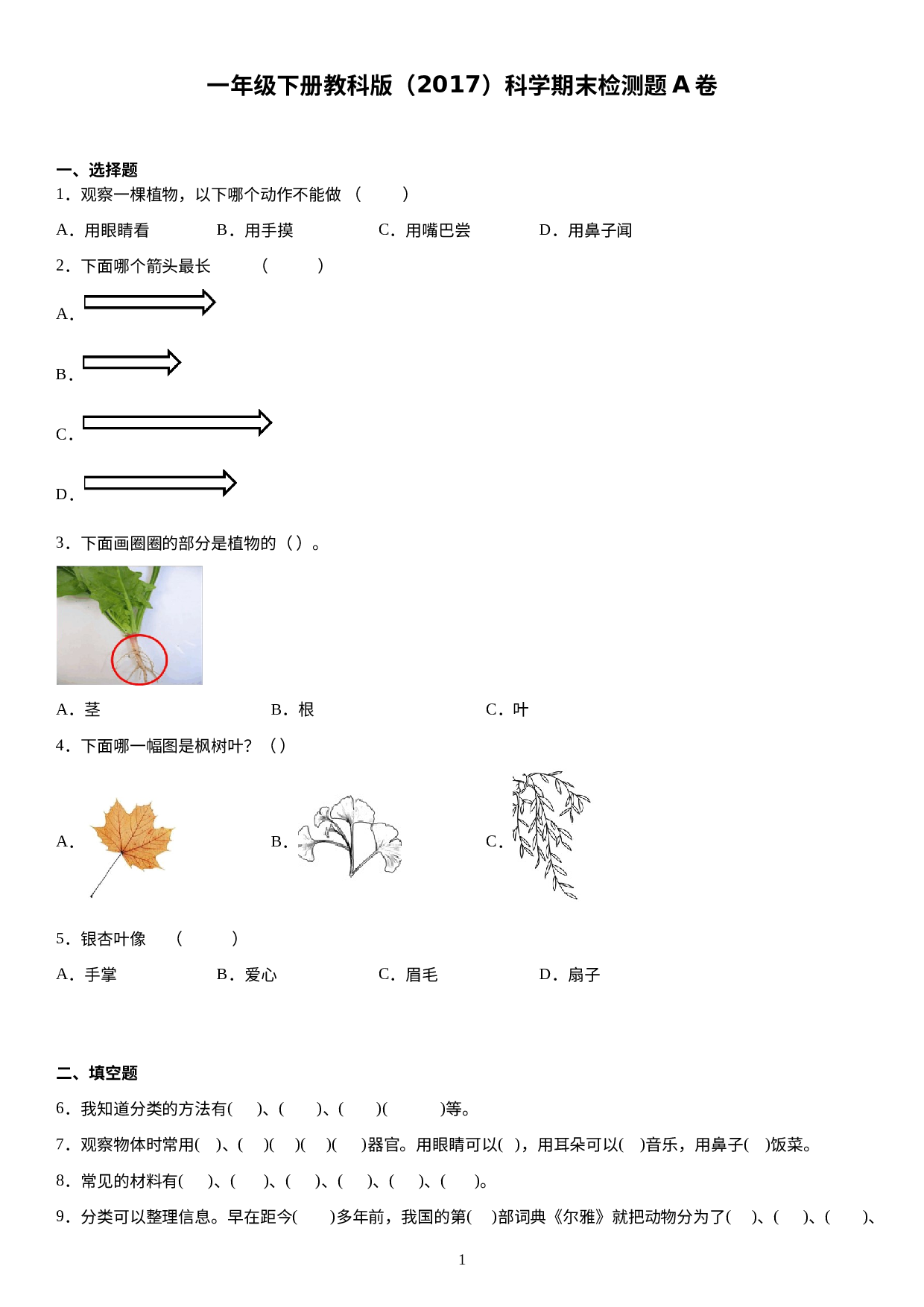 期末检测题A卷(试题）一年级下册科学青岛版.docx 第1页