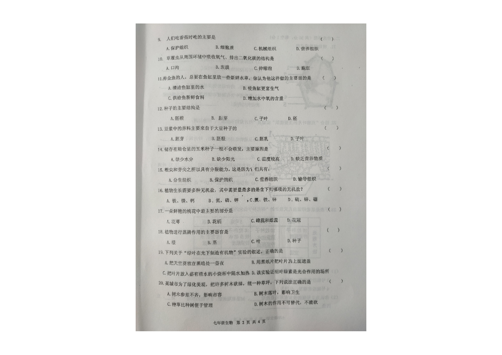吉林省伊通满族自治县2020-2021学年 上学期期末七年级生物试卷.pdf 第2页