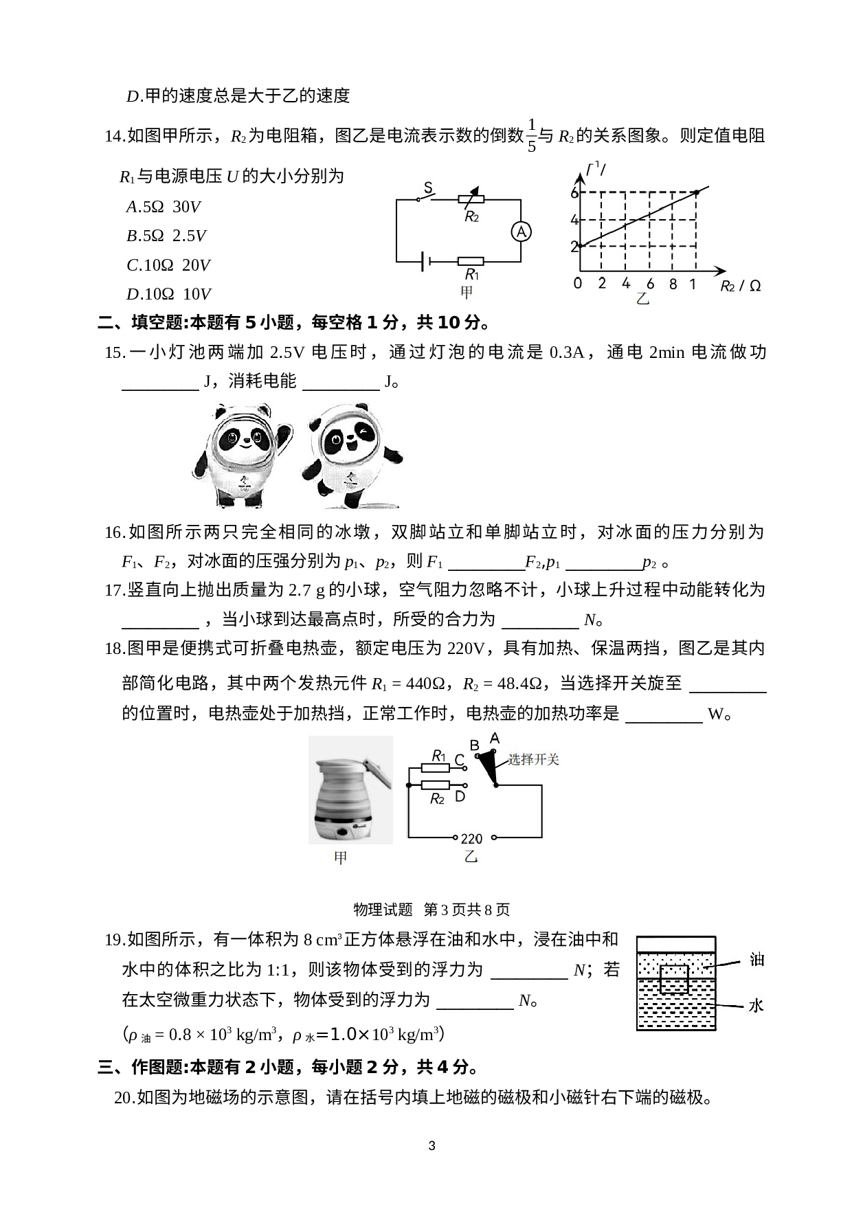 2022年福建省莆田市初中毕业班质量检查物理试题.docx 第3页