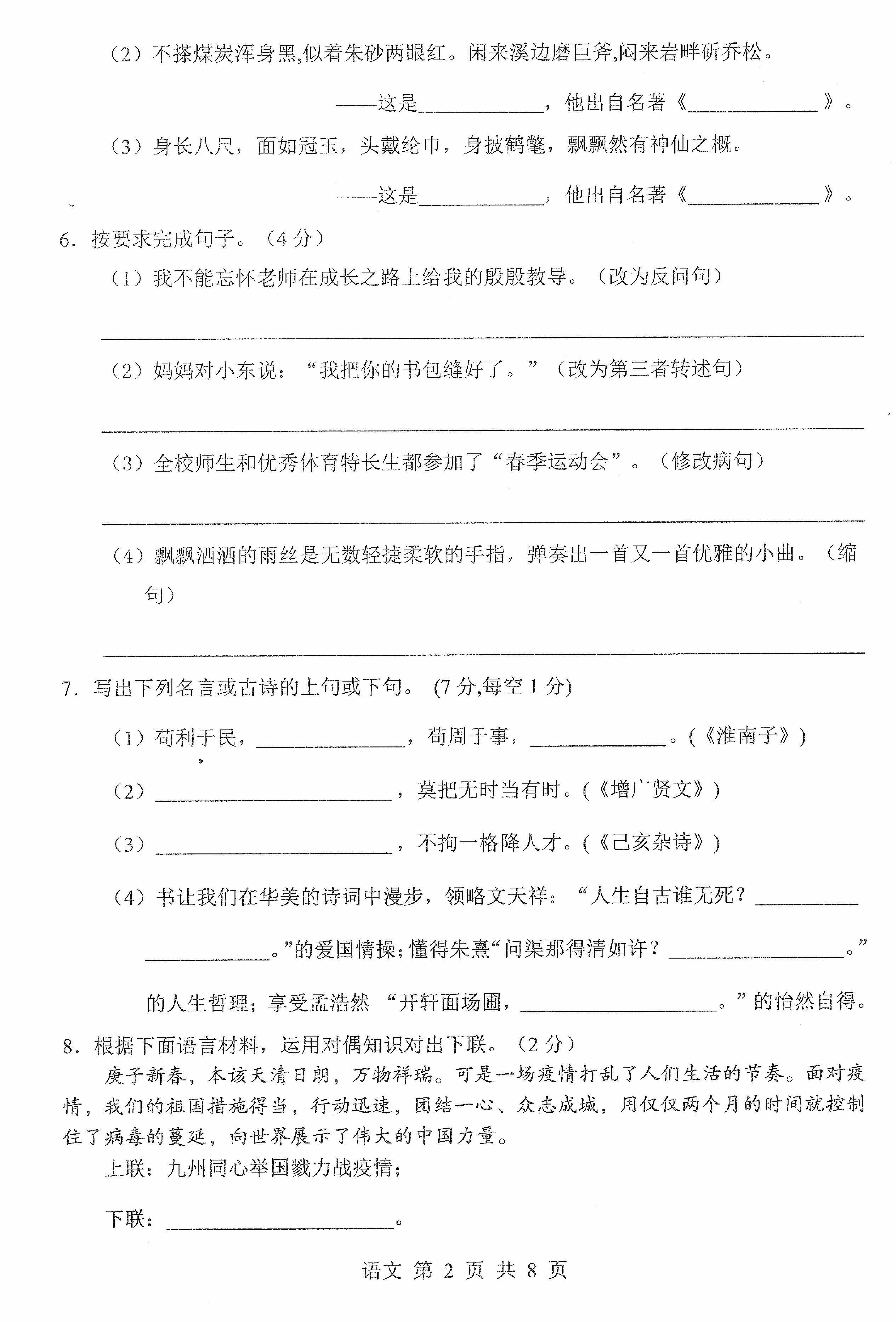 2020年河南省平顶山市小升初全市统一调研测试语文试卷(含答案).pdf 第2页