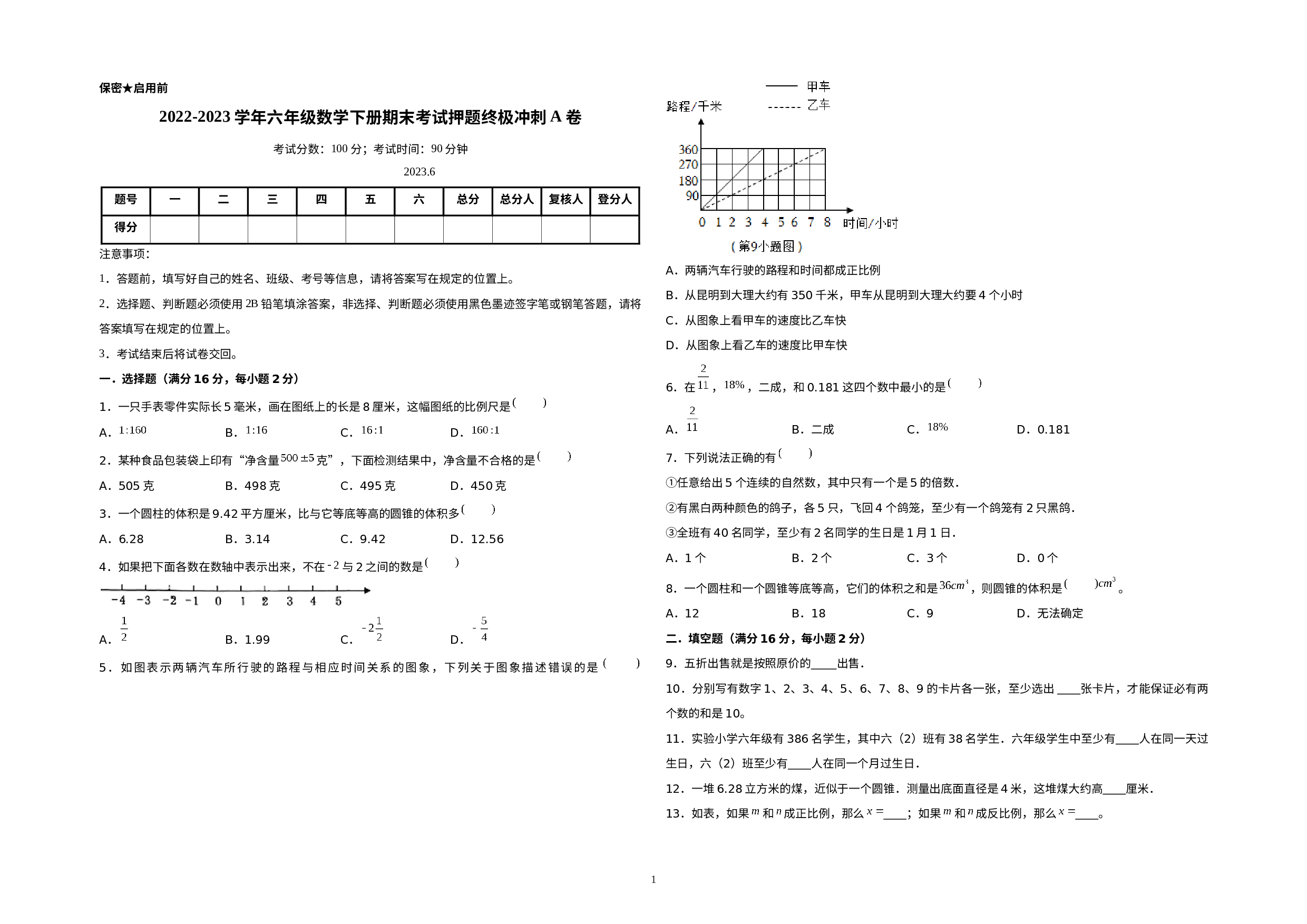 （期末押题预测）2022-2023学年六年级数学下册期末考试押题终极冲刺A卷（人教版）.docx 第1页