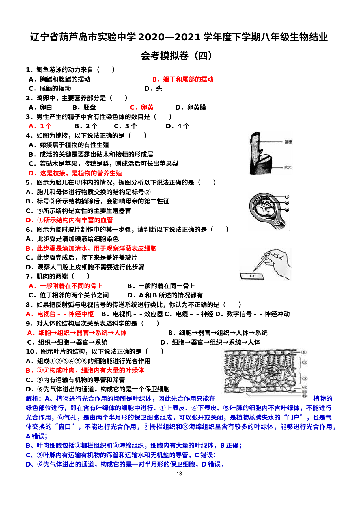 辽宁省葫芦岛市实验中学2020—2021学年下学期八年级生物结业会考模拟卷（四）（有答案）.docx 第1页