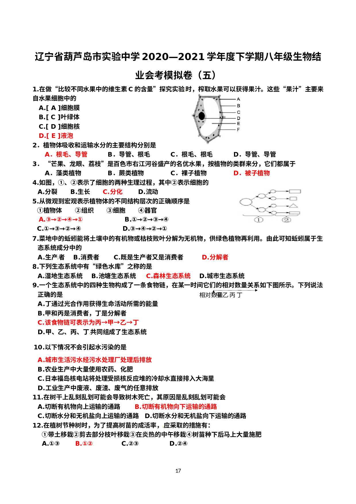 辽宁省葫芦岛市实验中学2020—2021学年下学期八年级生物结业会考模拟卷（五）（有答案）.docx 第1页