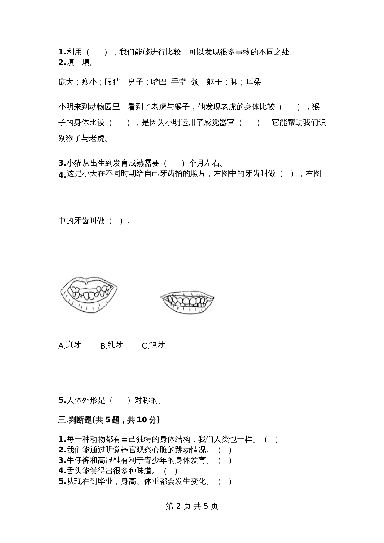 教科版科学二年级下册第二单元《我们自己》测试卷2（含答案） 第2页