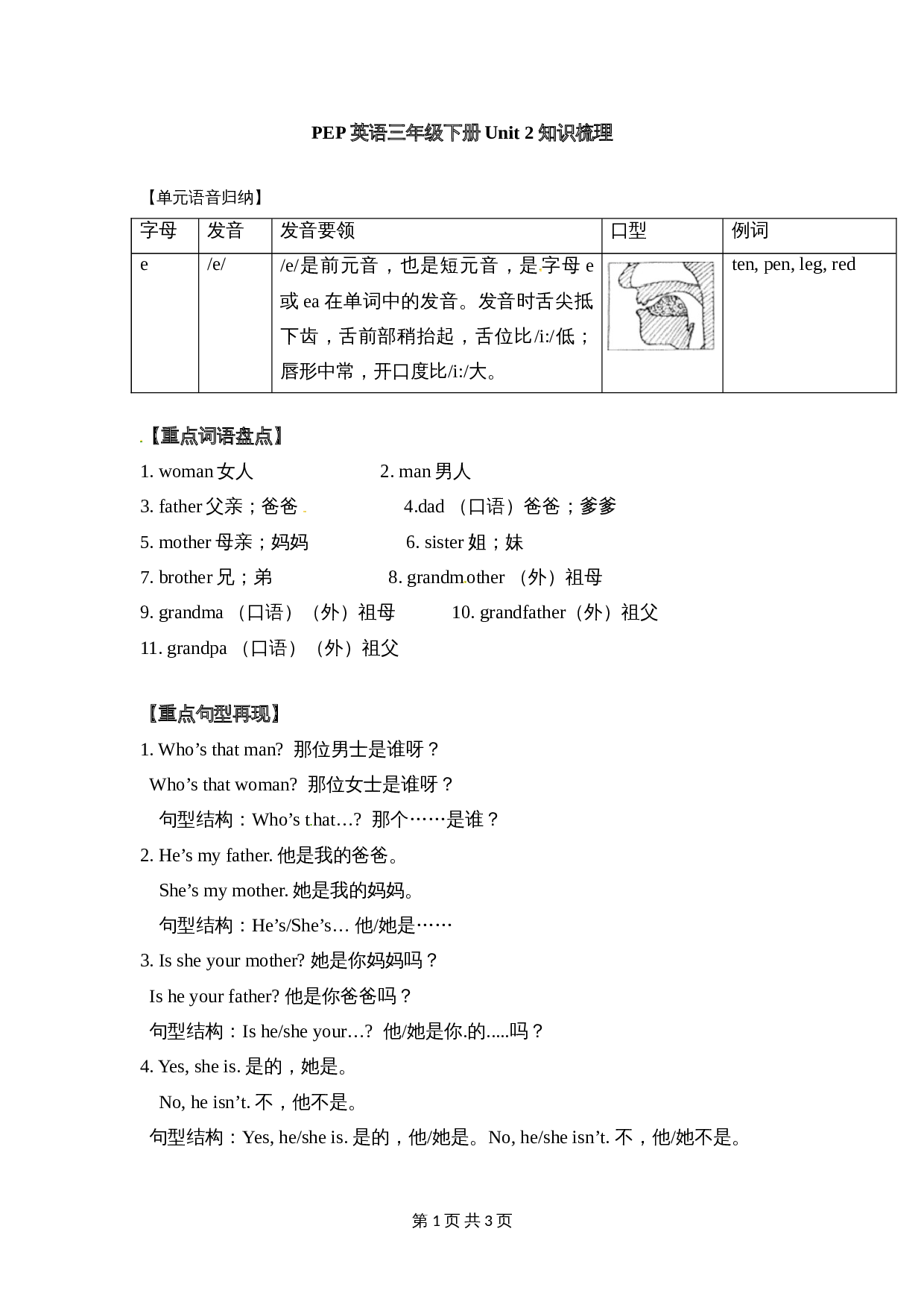 三年级下册英语单元知识梳理-Unit 2  My family 人教PEP版 第1页
