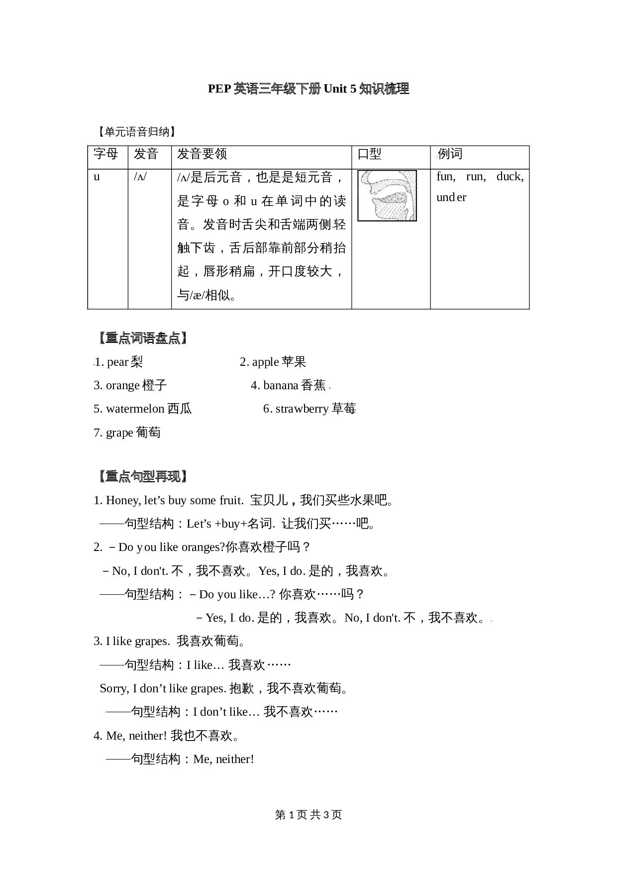 三年级下册英语单元知识梳理-Unit 5 Do you like pears 人教PEP版 第1页