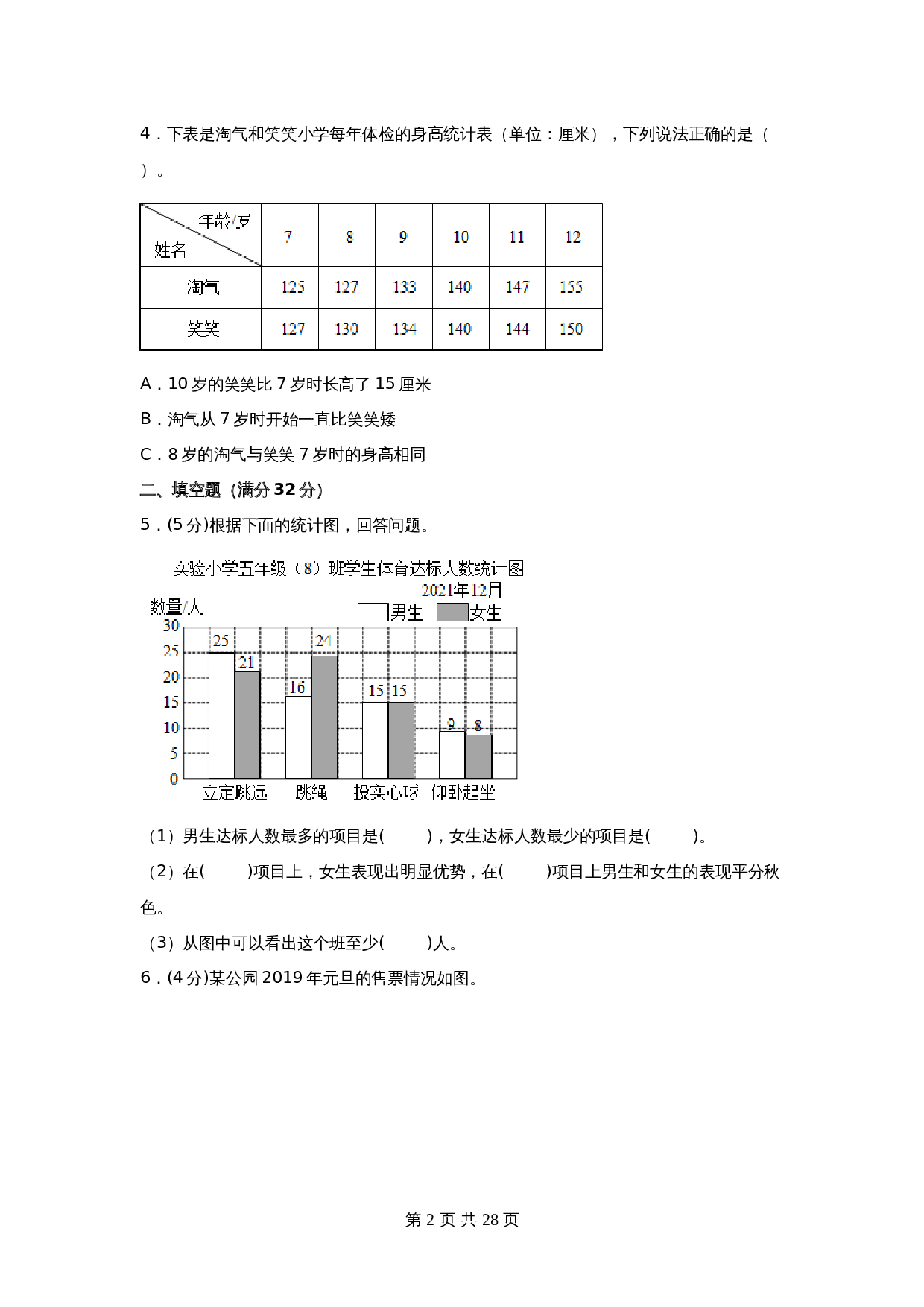 【单元测AB卷】五年级上册数学分层训练B卷-第六单元 统计表和条形统计图（二） 单元测试 苏教版（含答案） 第2页