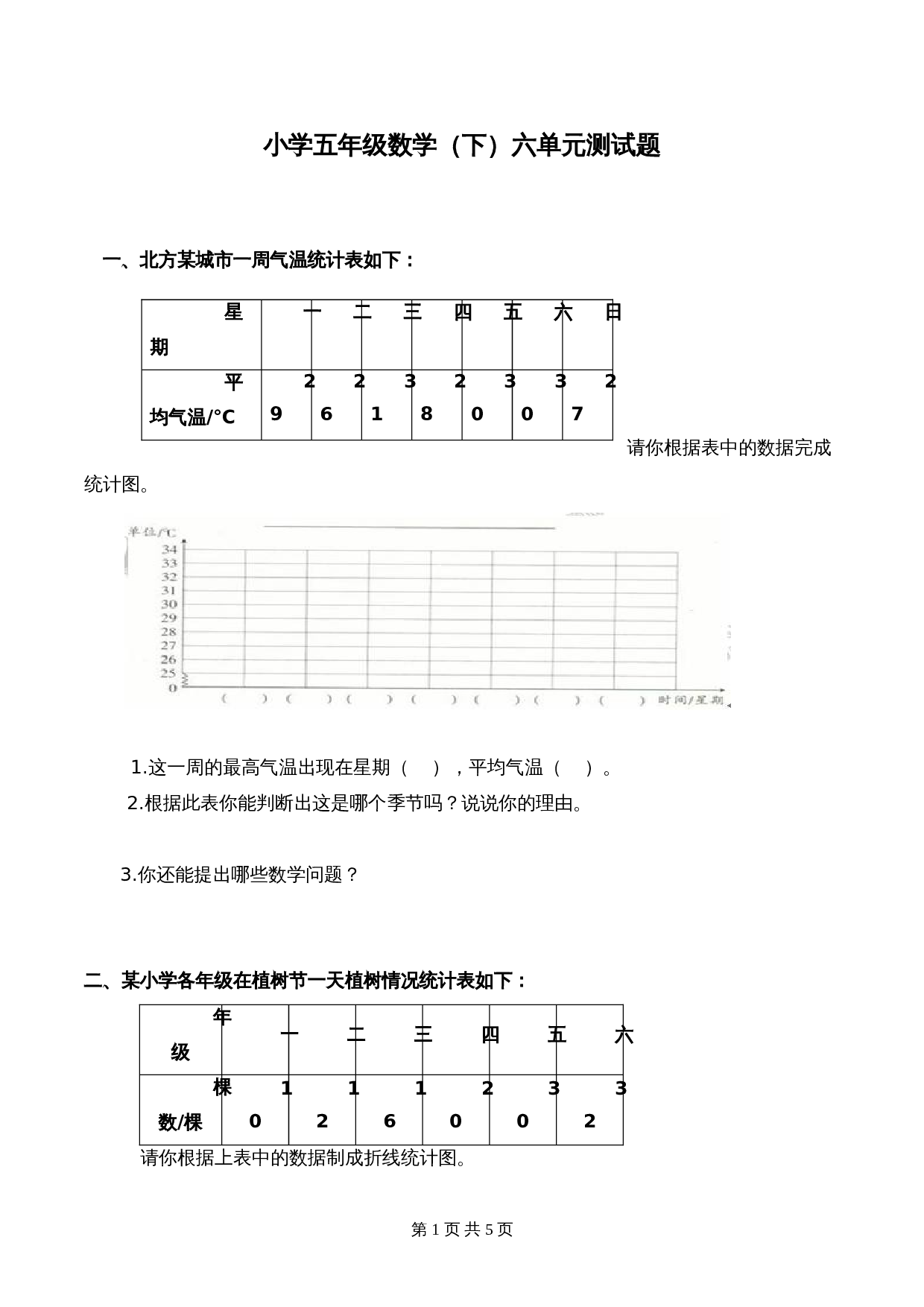 西师大版五年级下册数学单元测试 第6单元测试题 (2)（含答案） 第1页
