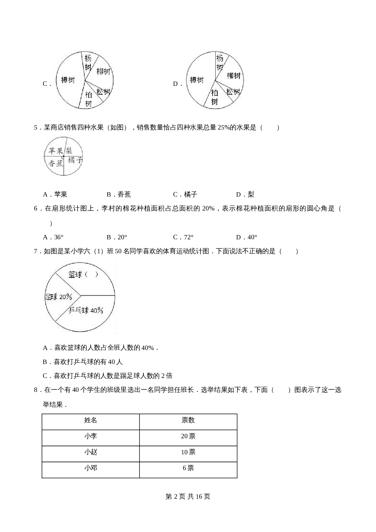人教版六年级上册数学单元测试 第七章《扇形统计图》单元提优精选题汇编2（含答案） 第2页