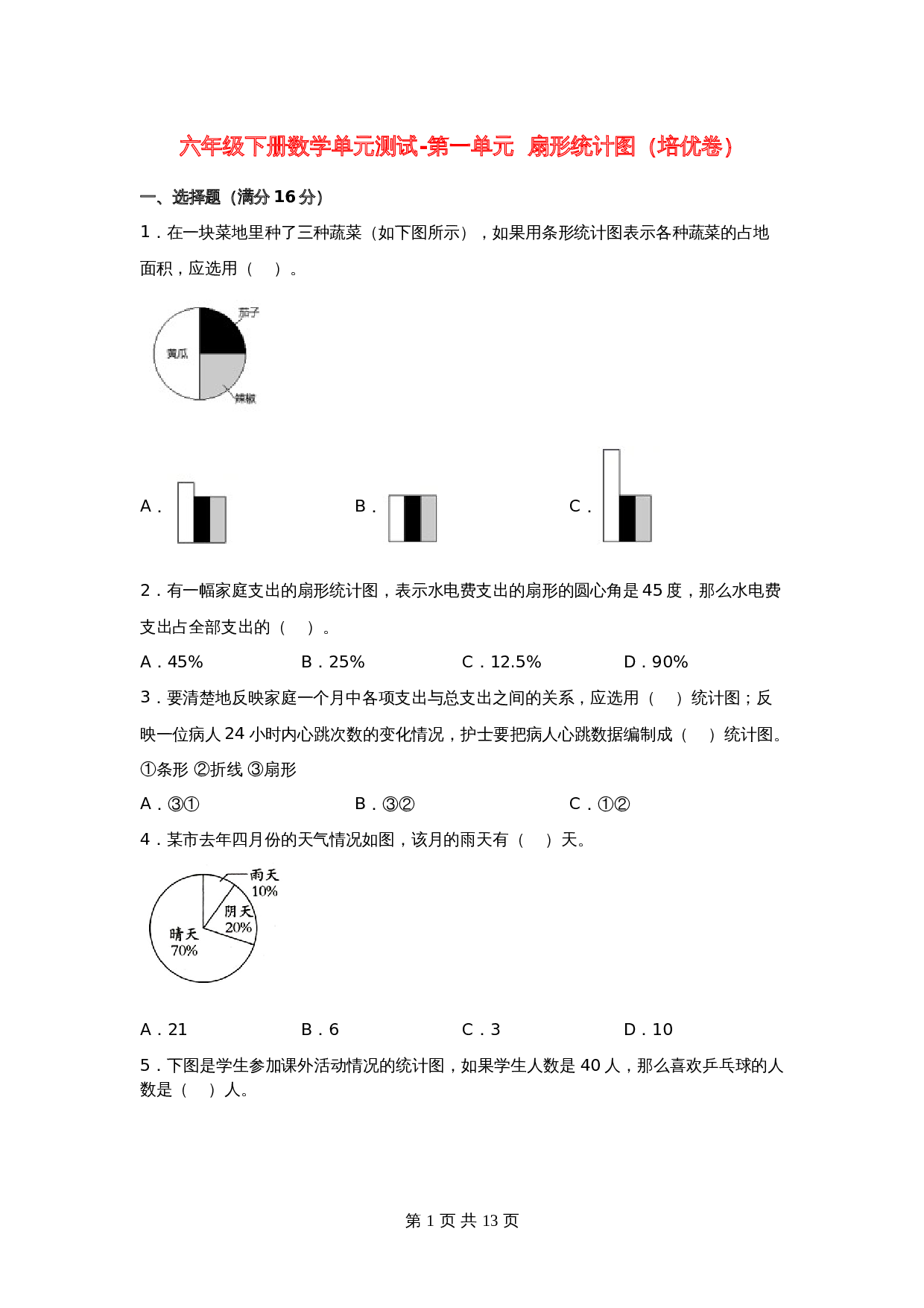 苏教版六年级下册数学单元测试-第一单元  扇形统计图（培优卷）（含答案） 第1页