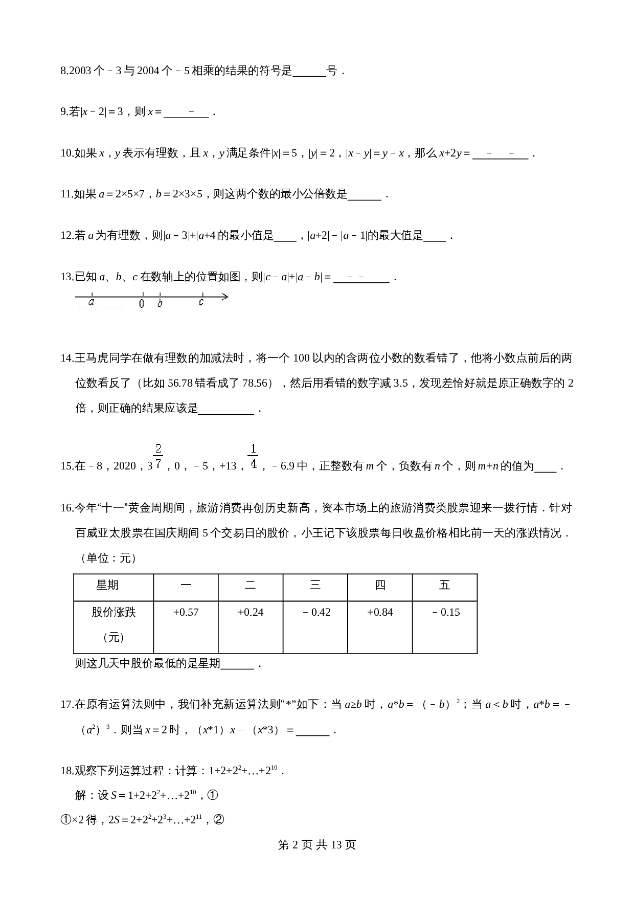 沪科版七年级数学上册尖子生培优卷 第1章有理数单元测试（提高卷）（含答案） 第2页
