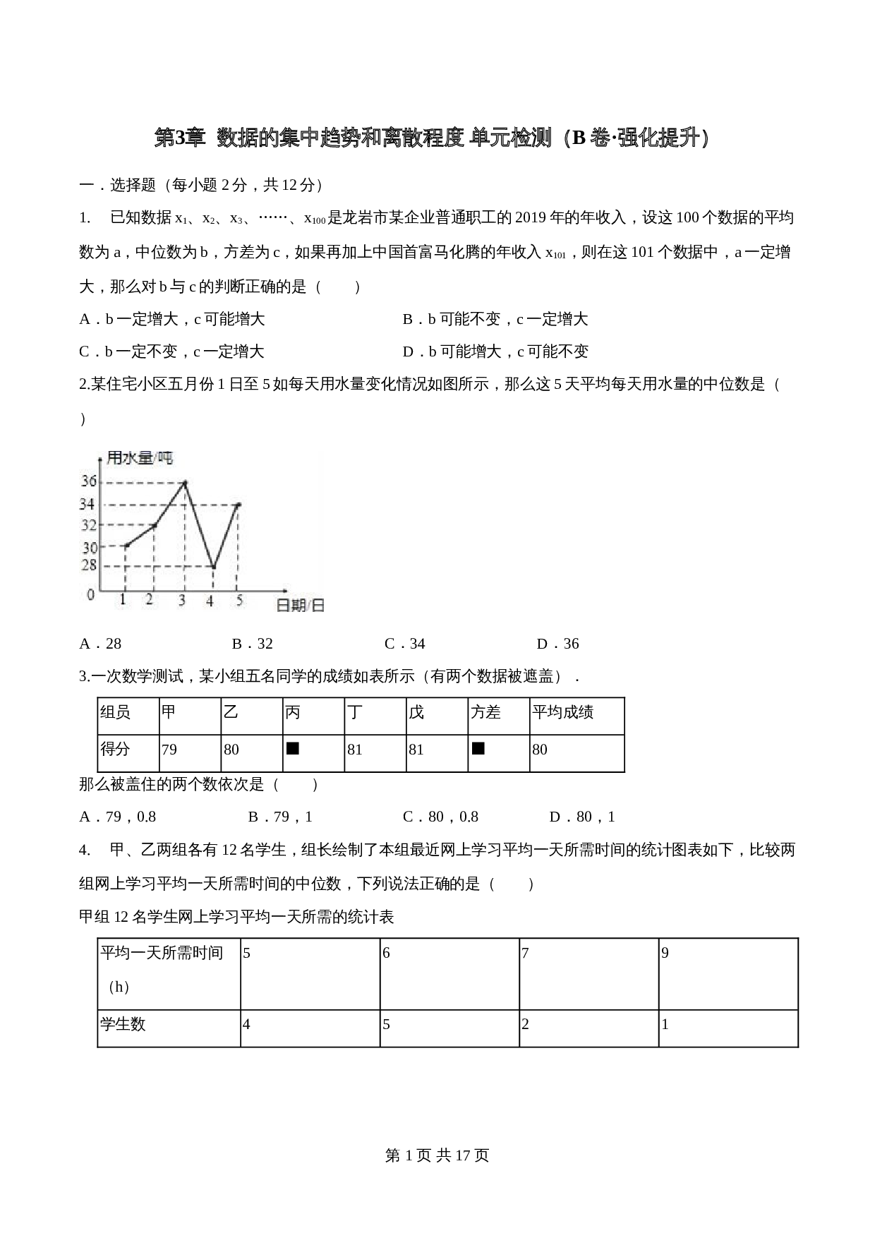 【达标提升】苏科版九年级上册数学 第3章《数据的集中趋势和离散程度》单元检测（B卷·强化提升）（含解析） 第1页