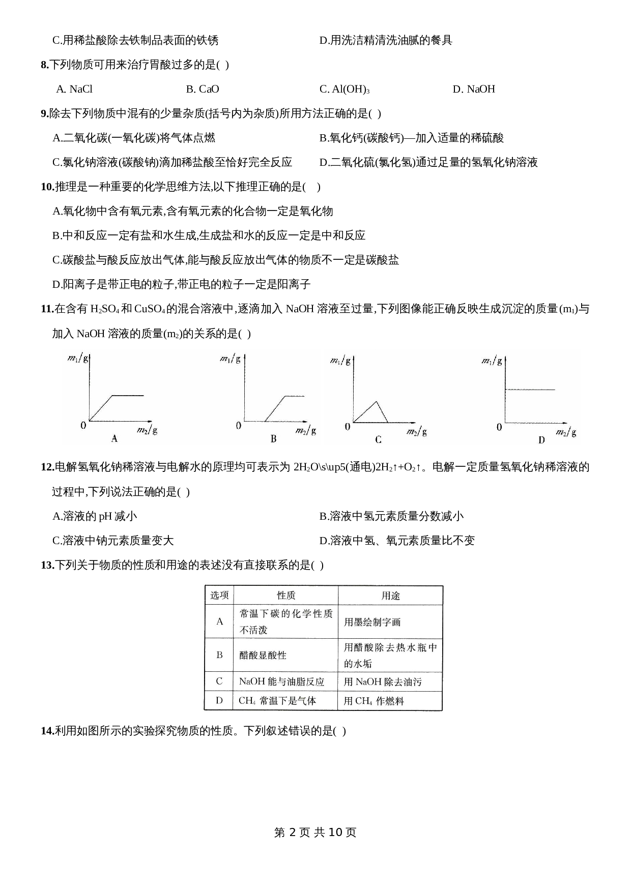 人教版九年级下册化学单元测试  第十单元《酸和碱》（含答案） 第2页