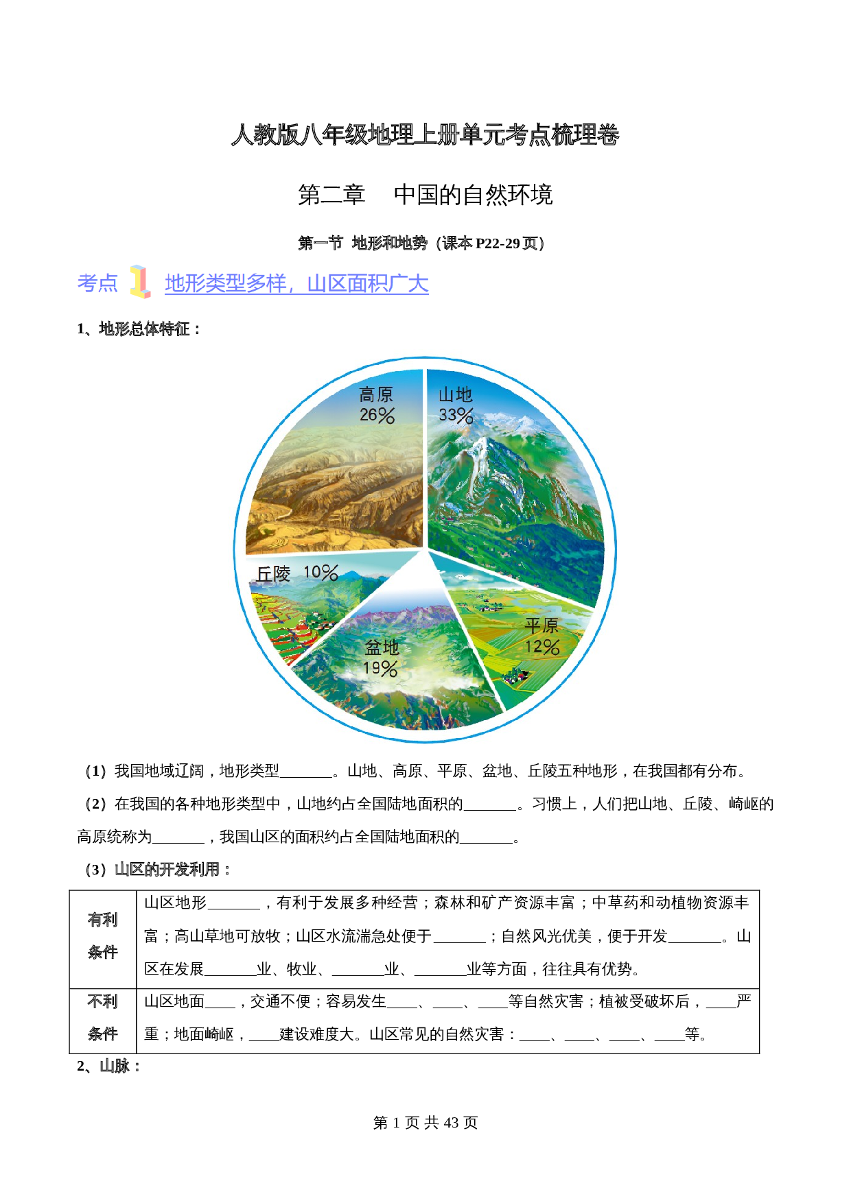 人教版八年级上册地理 第二章《中国的自然环境》单元考点梳理卷（含解析） 第1页