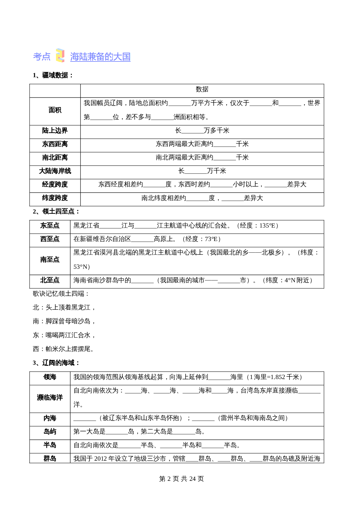 人教版八年级上册地理 第一章《从世界看中国》单元考点梳理卷（含解析） 第2页