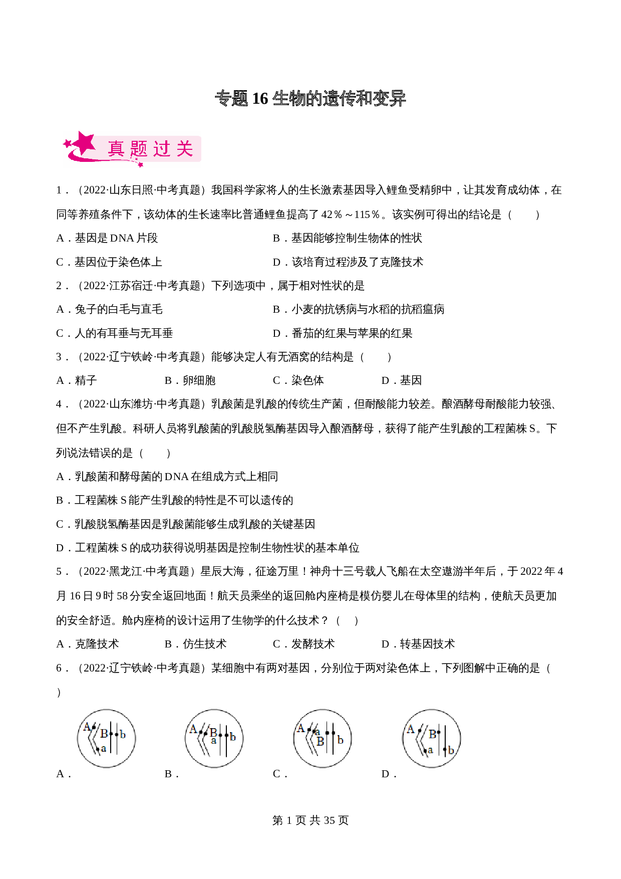 【专题训练】专题16 生物的遗传和变异（含解析）-2024年中考生物一轮复习（全国通用） 第1页