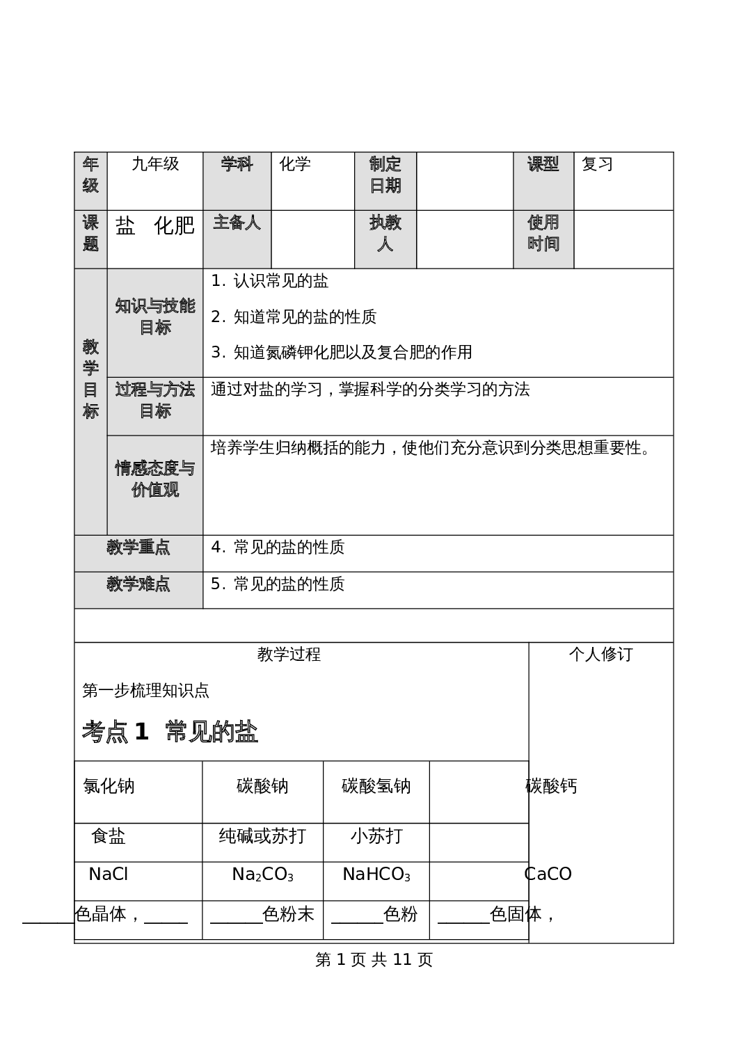 人教版化学九年级一轮复习 盐、化肥复习教案 第1页
