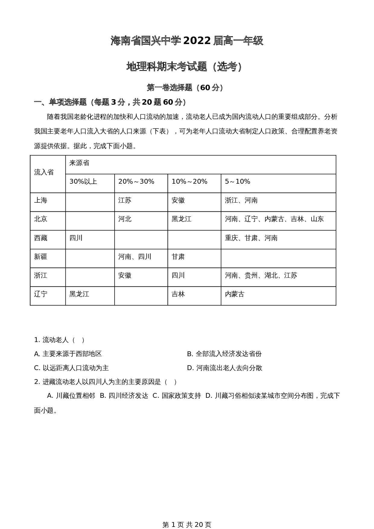知卷解析：海南省国兴中学2019-2020学年高一下学期期末（选考）地理试题（含解析） 第1页