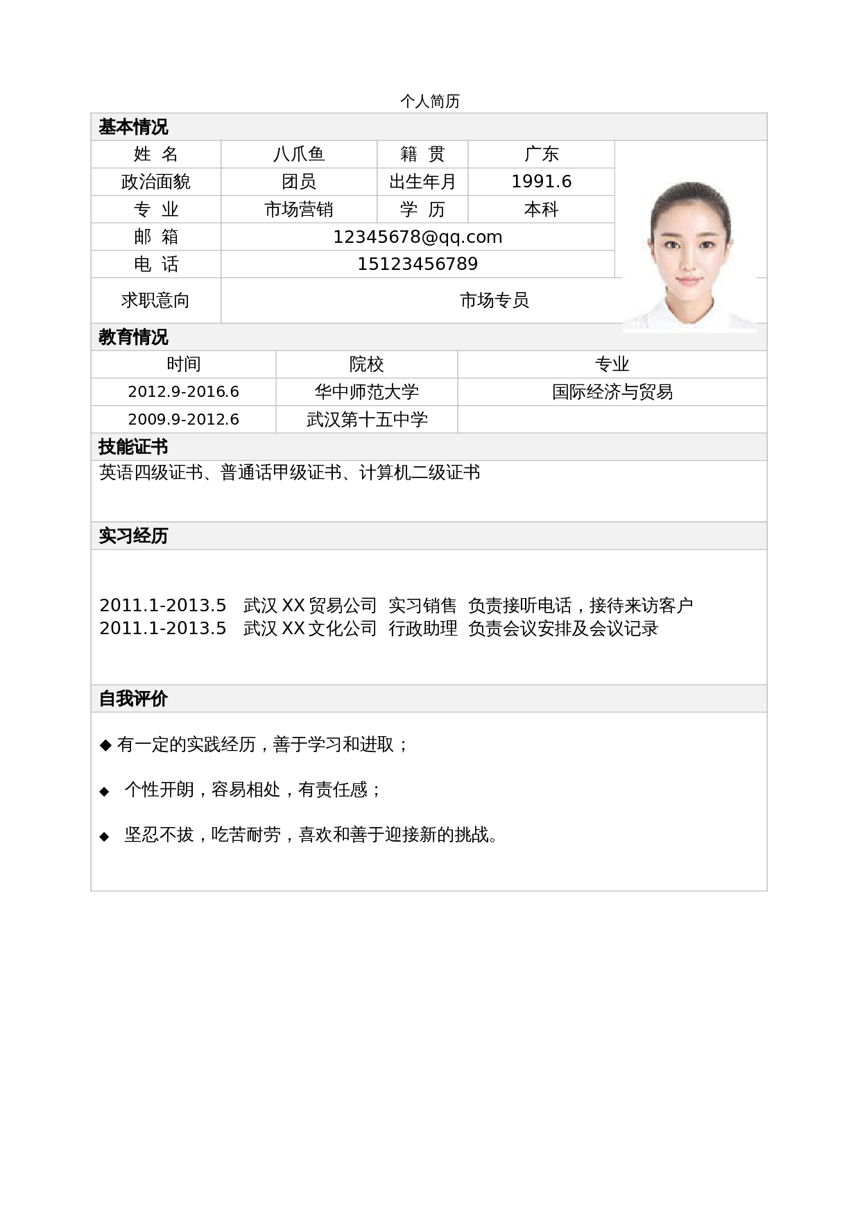 个人简历标准表格单页12 第1页